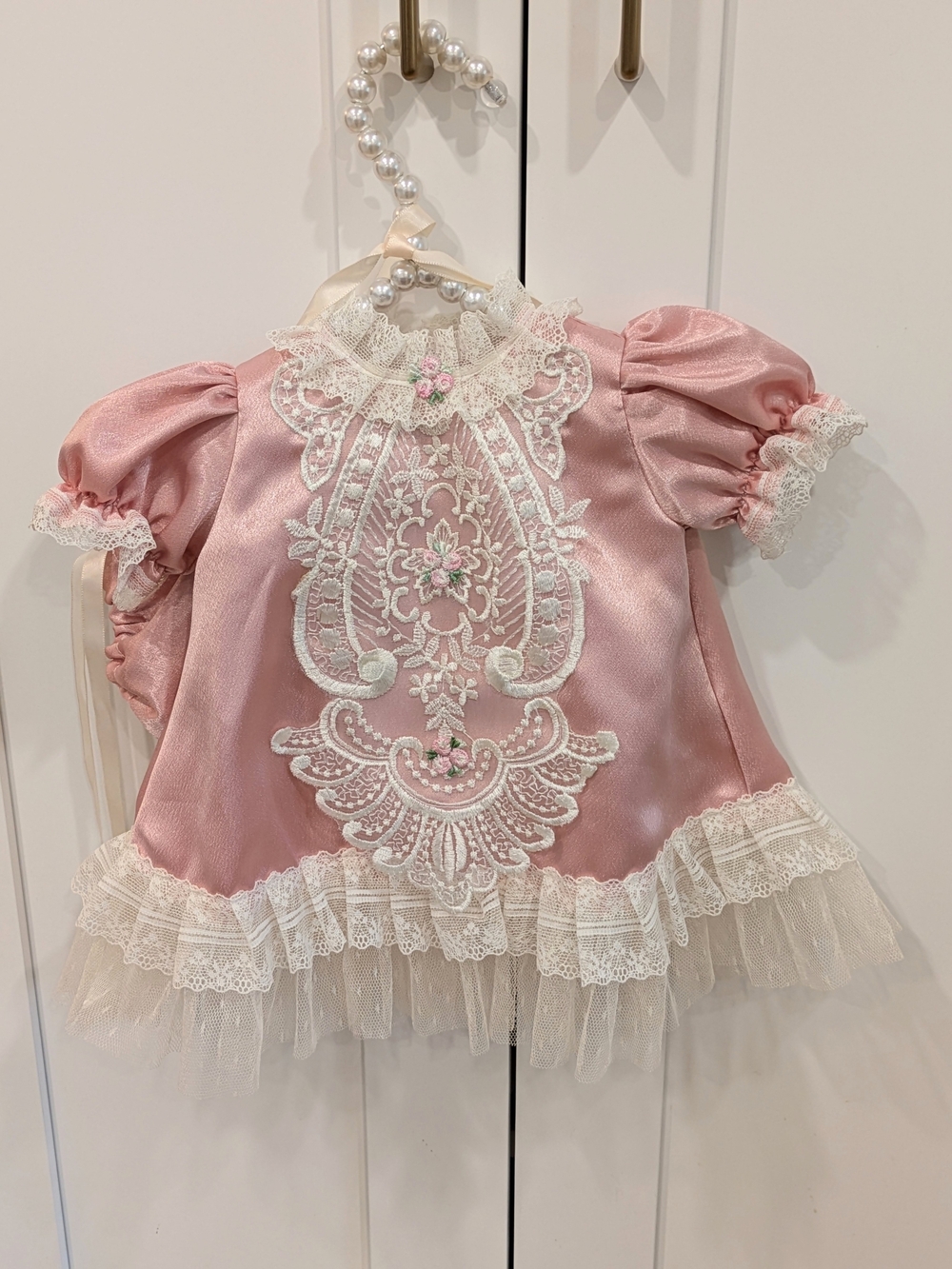 Newborn Pink Satin Baby Dress with Lace Appliqué